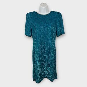 Teal Silk All Over Sequin Short Slv Evening Cocktail 80s Dress Silky Nites Sz 6